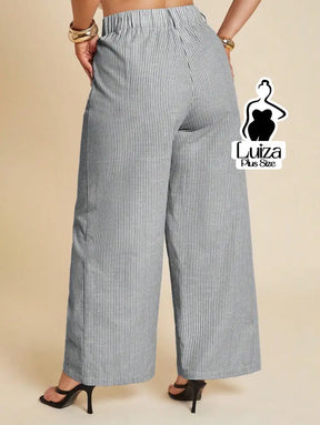 Calça Pantalona Listrada Cintura Alta Estilo Chic Plus Size