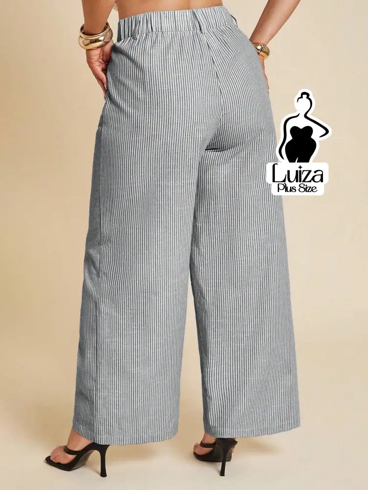 Calça Pantalona Listrada Cintura Alta Estilo Chic Plus Size