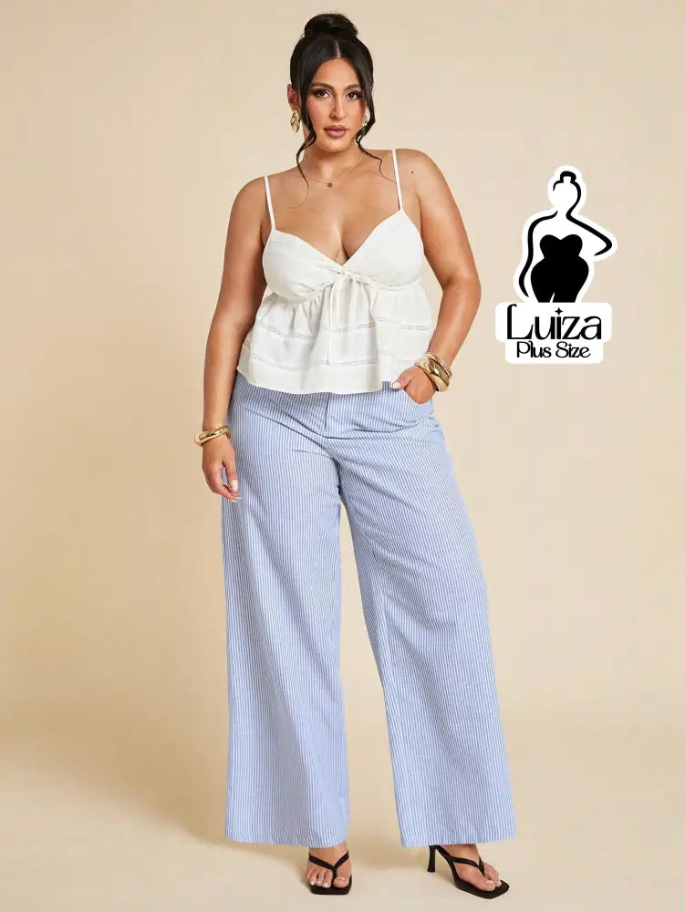 Calça Pantalona Listrada Cintura Alta Estilo Chic Plus Size