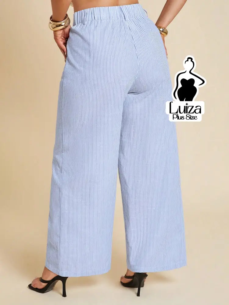 Calça Pantalona Listrada Cintura Alta Estilo Chic Plus Size
