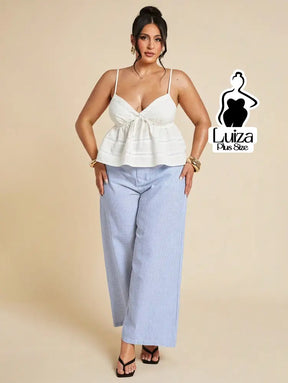 Calça Pantalona Listrada Cintura Alta Estilo Chic Plus Size