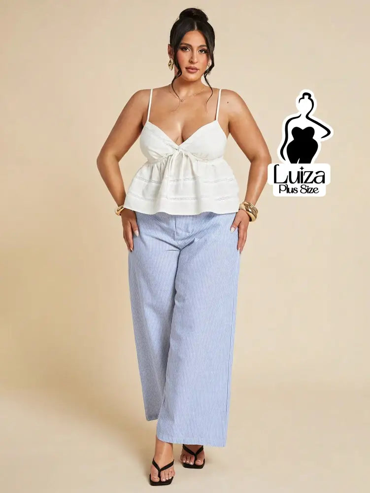 Calça Pantalona Listrada Cintura Alta Estilo Chic Plus Size