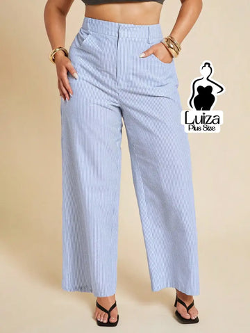 Calça Pantalona Listrada Cintura Alta Estilo Chic Plus Size