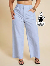 Calça Pantalona Listrada Cintura Alta Estilo Chic Plus Size