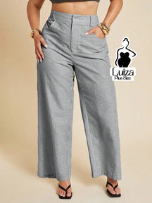 Calça Pantalona Listrada Cintura Alta Estilo Chic Plus Size