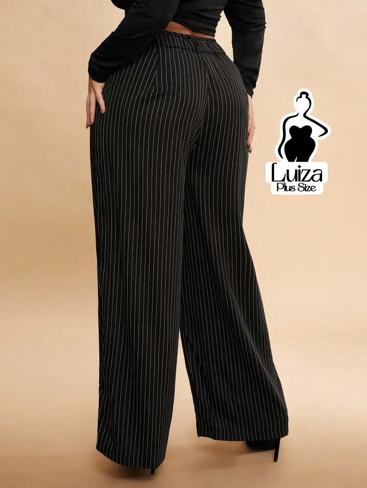 Calça Pantalona Listrada Cós Elástico Ajustável Plus Size
