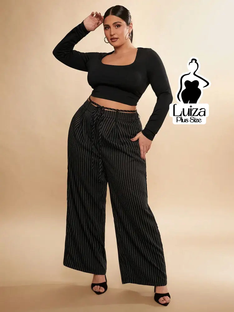 Calça Pantalona Listrada Cós Elástico Ajustável Plus Size