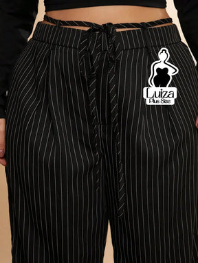 Calça Pantalona Listrada Cós Elástico Ajustável Plus Size