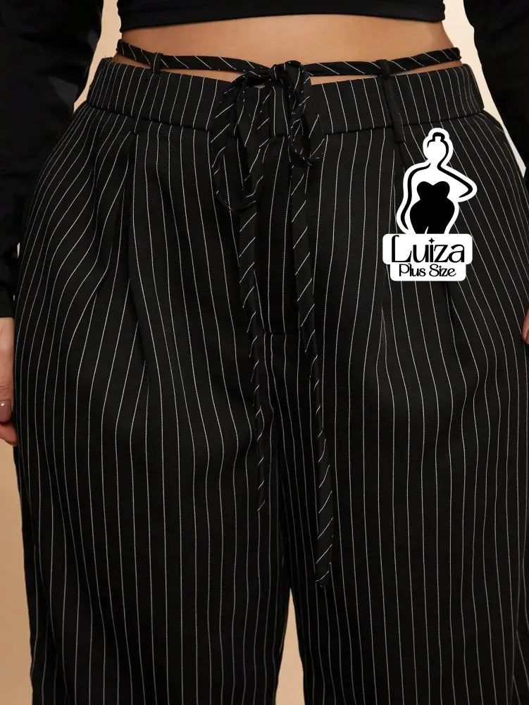 Calça Pantalona Listrada Cós Elástico Ajustável Plus Size