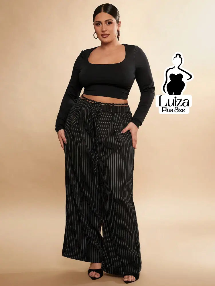 Calça Pantalona Listrada Cós Elástico Ajustável Plus Size