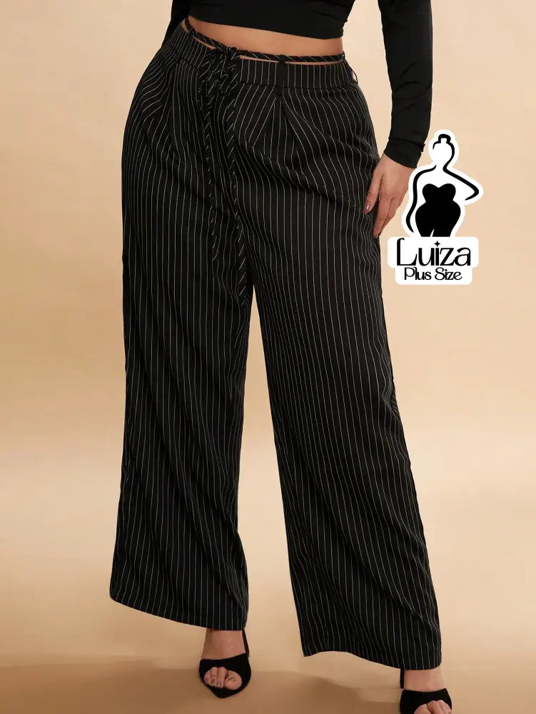 Calça Pantalona Listrada Cós Elástico Ajustável Plus Size
