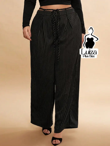Calça Pantalona Listrada Cós Elástico Ajustável Plus Size
