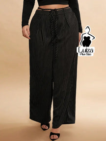Calça Pantalona Listrada Cós Elástico Ajustável Plus Size