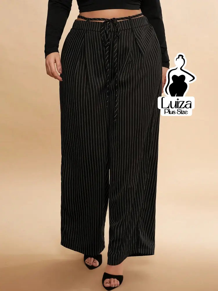 Calça Pantalona Listrada Cós Elástico Ajustável Plus Size