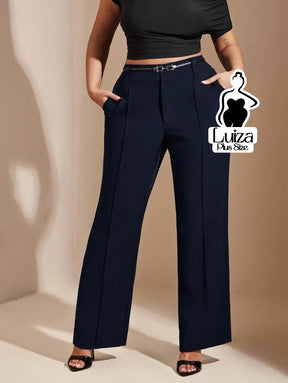 Calça Reta Alfaiataria Cintura Alta Pregas Plus Size