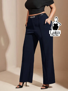 Calça Reta Alfaiataria Cintura Alta Pregas Plus Size