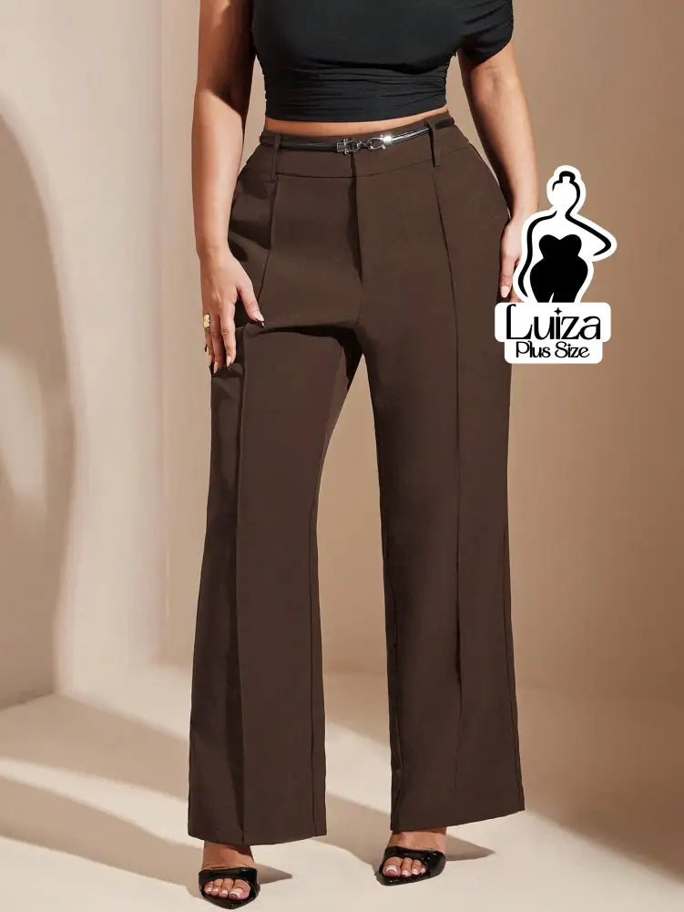 Calça Reta Alfaiataria Cintura Alta Pregas Plus Size