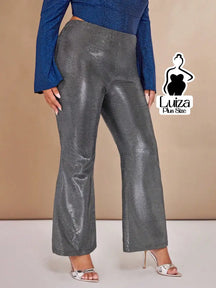 Calça Reta Cintura Alta Tecido Brilhoso Metalizado Plus Size