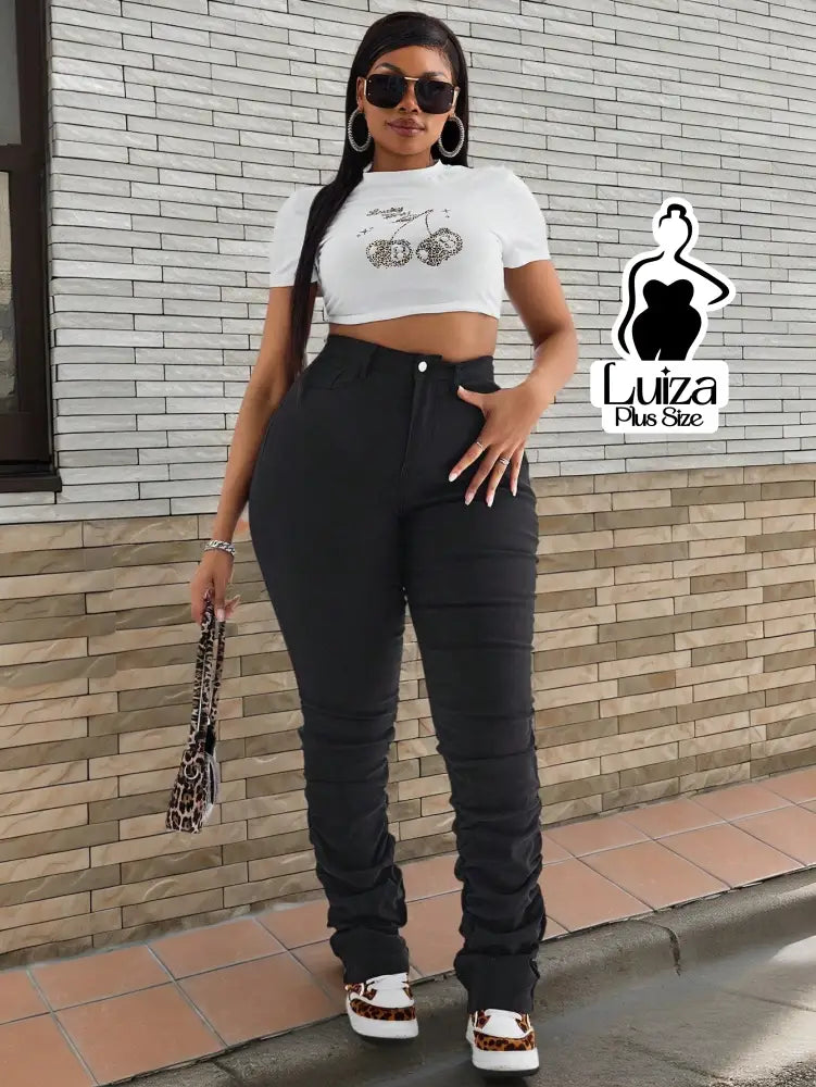 Calça Skinny Cintura Alta Efeito Franzido Moderno Plus Size