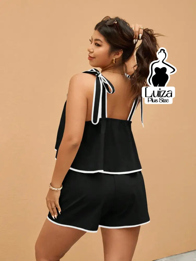 Conjunto Blusa Alça Laço Short Casual Moderno Plus Size