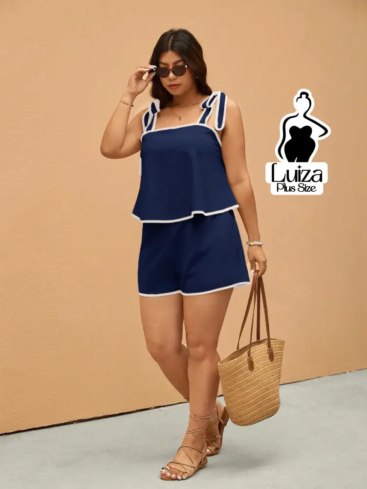 Conjunto Blusa Alça Laço Short Casual Moderno Plus Size