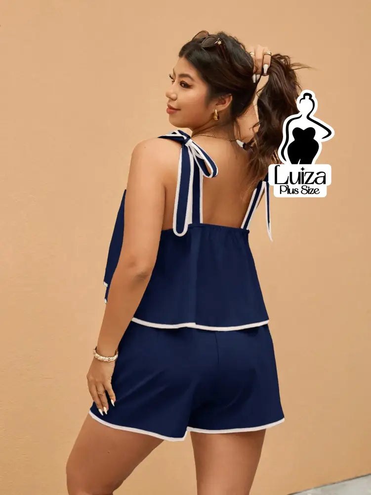 Conjunto Blusa Alça Laço Short Casual Moderno Plus Size
