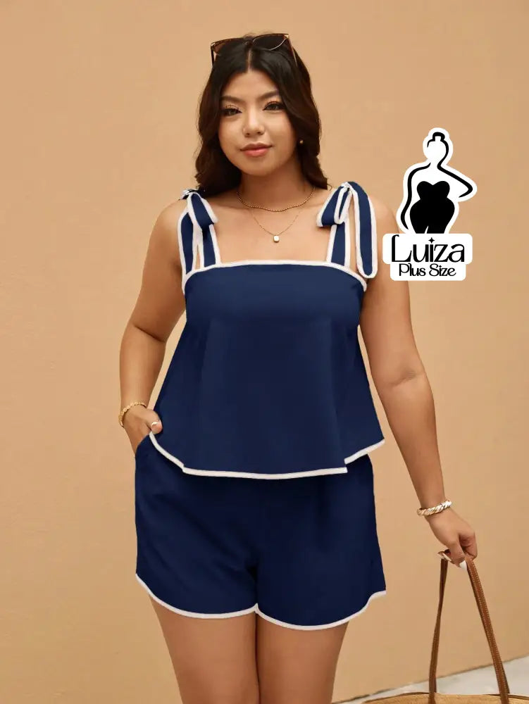 Conjunto Blusa Alça Laço Short Casual Moderno Plus Size