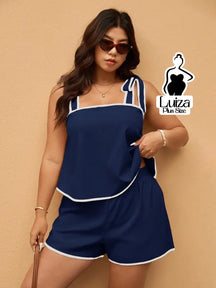 Conjunto Blusa Alça Laço Short Casual Moderno Plus Size