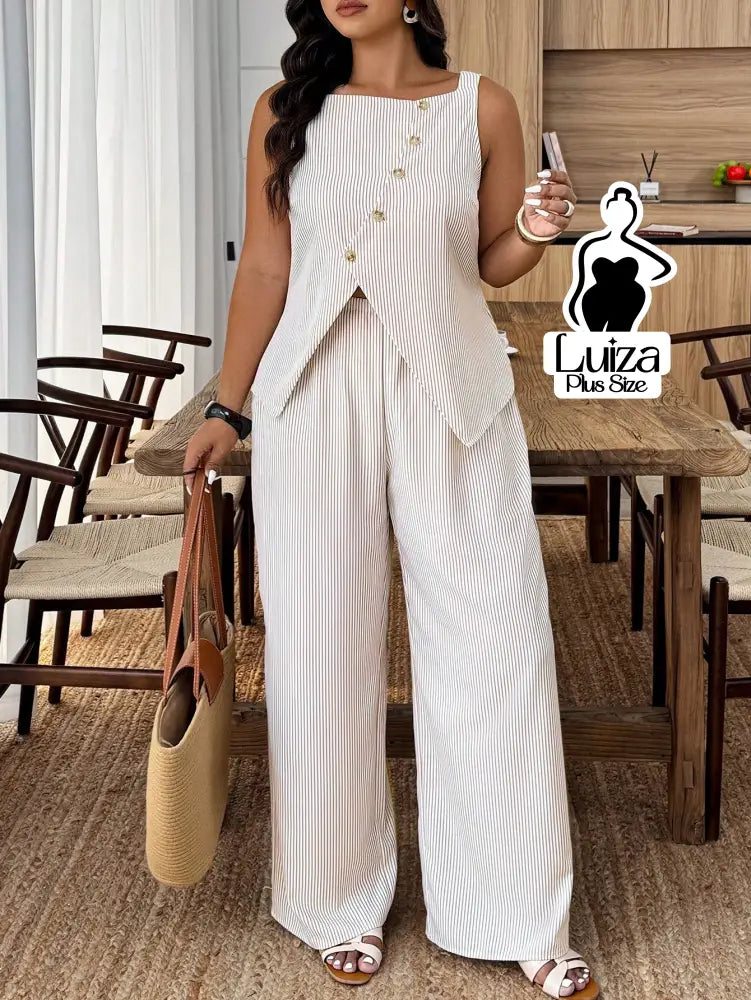 Conjunto Blusa Alfaiataria Calça Pantalona Social Chic Plus Size