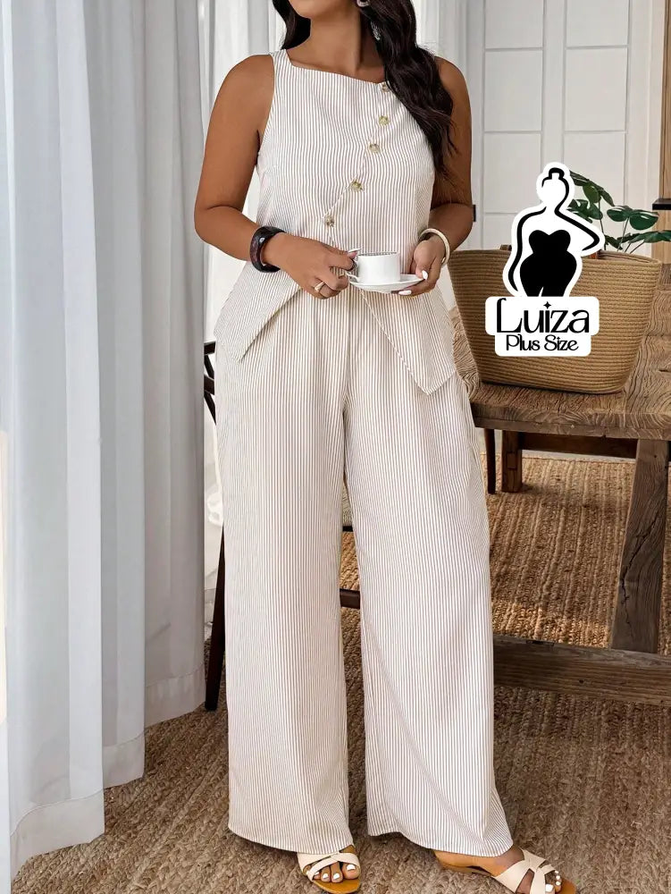 Conjunto Blusa Alfaiataria Calça Pantalona Social Chic Plus Size