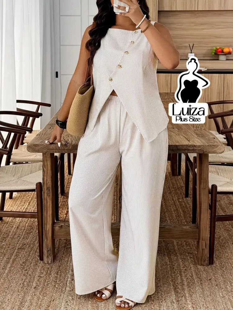 Conjunto Blusa Alfaiataria Calça Pantalona Social Chic Plus Size