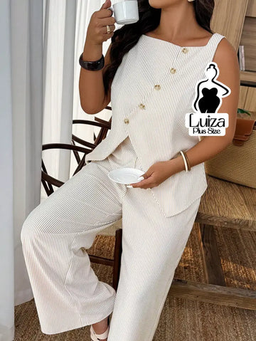 Conjunto Blusa Alfaiataria Calça Pantalona Social Chic Plus Size