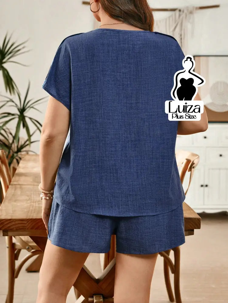 Conjunto Blusa Decote V Short Botões Laterais Plus Size