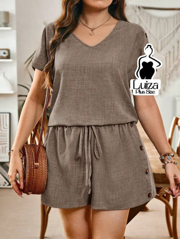 Conjunto Blusa Decote V Short Botões Laterais Plus Size