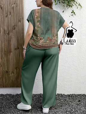 Conjunto Blusa Estampada Calça Pantalona Casual Chic Plus Size