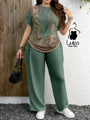 Conjunto Blusa Estampada Calça Pantalona Casual Chic Plus Size