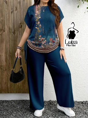 Conjunto Blusa Estampada Calça Pantalona Casual Chic Plus Size