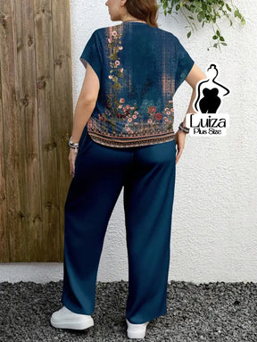 Conjunto Blusa Estampada Calça Pantalona Casual Chic Plus Size
