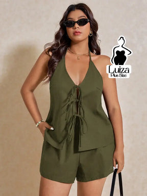 Conjunto Blusa Frente Única Amarração Short Moderno Plus Size