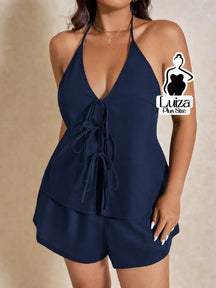 Conjunto Blusa Frente Única Amarração Short Moderno Plus Size