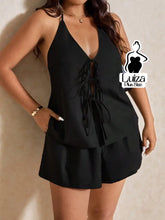 Conjunto Blusa Frente Única Amarração Short Moderno Plus Size