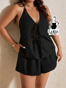 Conjunto Blusa Frente Única Amarração Short Moderno Plus Size
