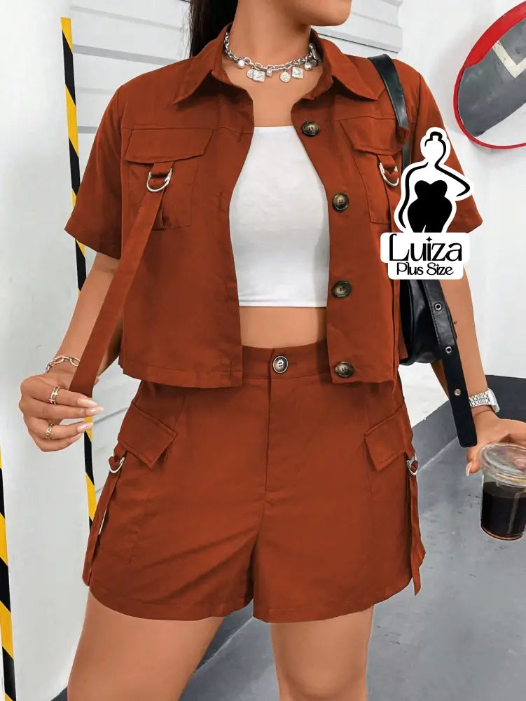 Conjunto Camisa Cropped Short Cargo Estilo Urbano Plus Size