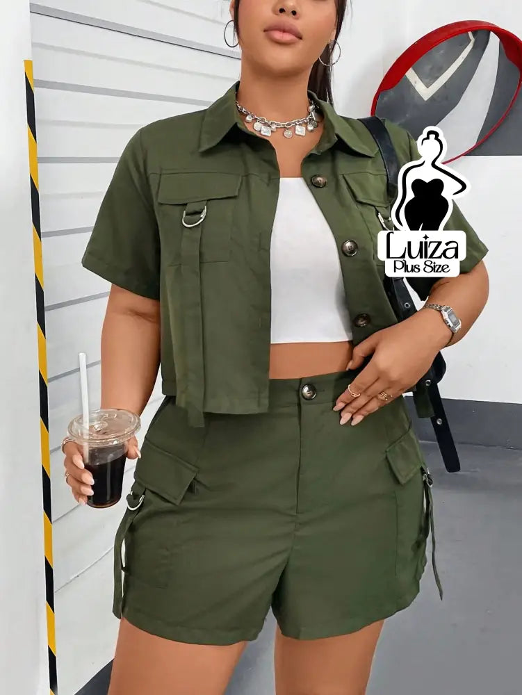 Conjunto Camisa Cropped Short Cargo Estilo Urbano Plus Size