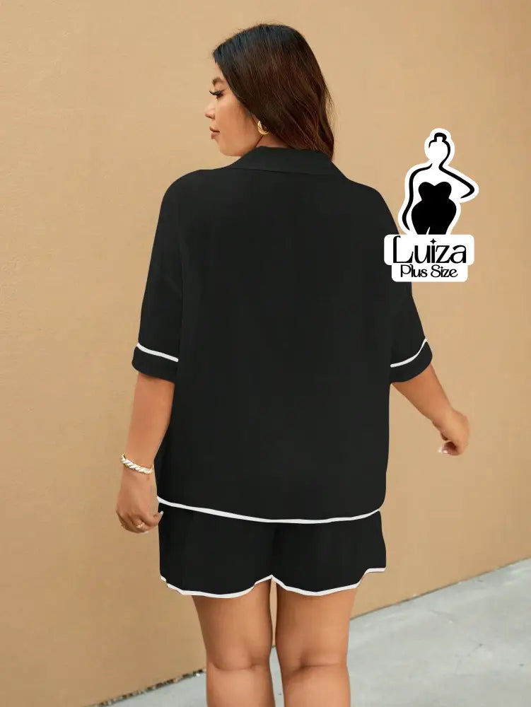 Conjunto Camisa Manga Curta Short Detalhe Contrastante Plus Size