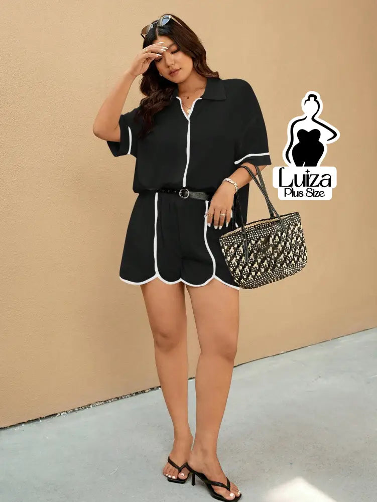 Conjunto Camisa Manga Curta Short Detalhe Contrastante Plus Size