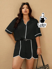 Conjunto Camisa Manga Curta Short Detalhe Contrastante Plus Size