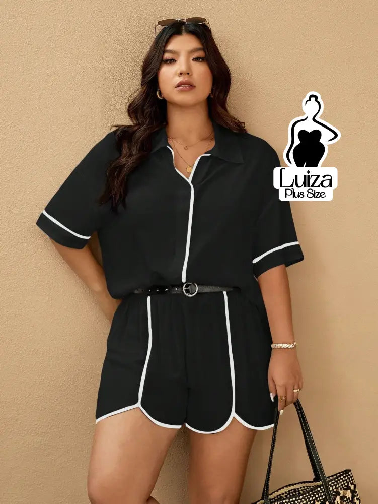 Conjunto Camisa Manga Curta Short Detalhe Contrastante Plus Size