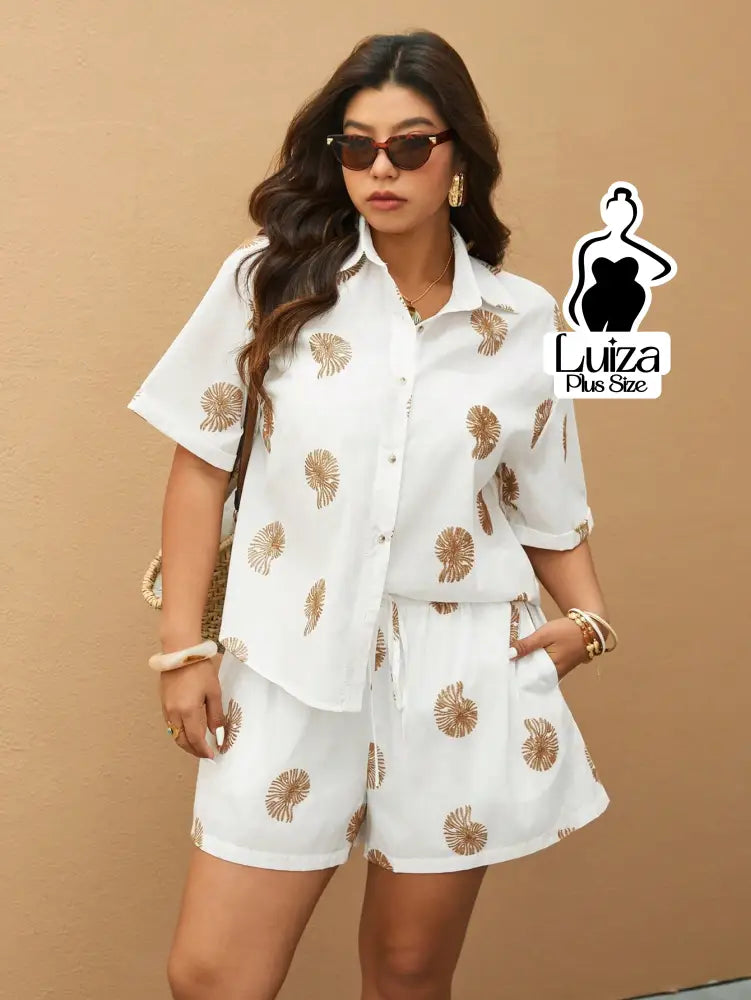 Conjunto Camisa Short Estampa Tropical Casual Verão Plus Size