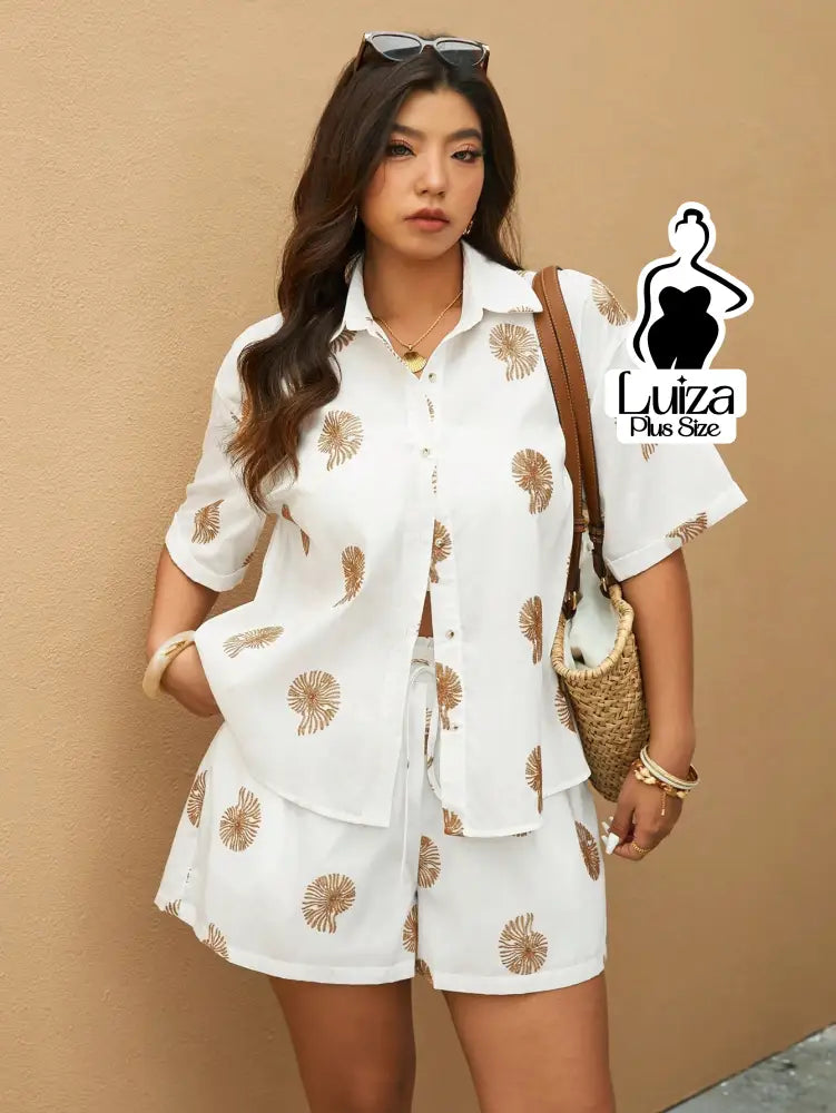 Conjunto Camisa Short Estampa Tropical Casual Verão Plus Size